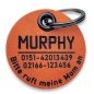Preview: Hundemarke aus Leder mit Gravur Name, 2x Telefonnummer und Text am Rand. Farbe cognac