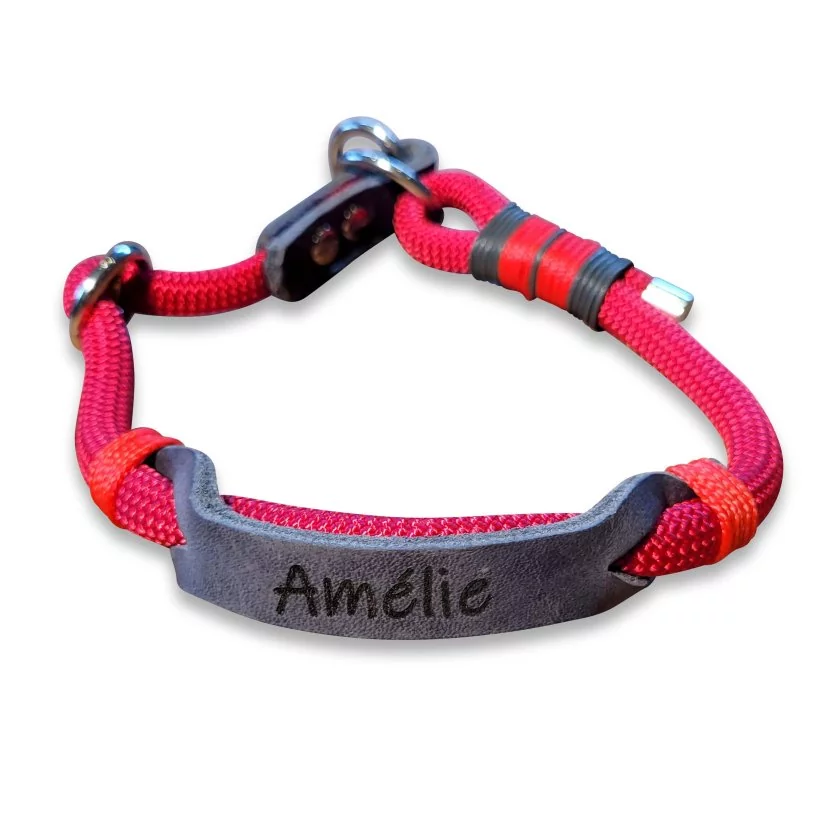 Halsband aus Tau und Leder, mit Name "Amelie", Zugstop, rot velvet und grau