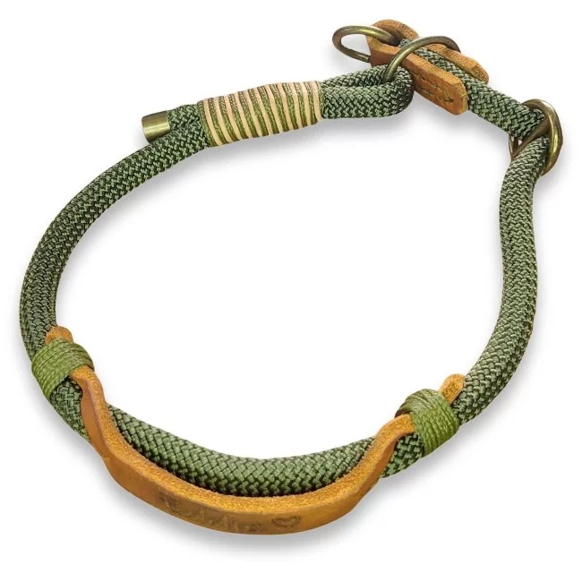 Halsband aus Tau und Leder, army green und cognac braun mit Wunschgravur