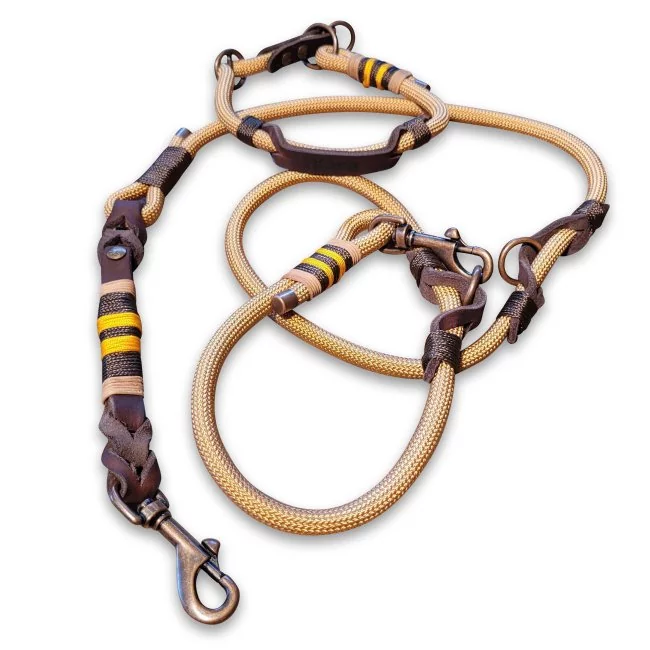 Leinen-Halsband-Set aus Tau und Leder, mit Name "Kara", Zugstop, golden kupfer und braun