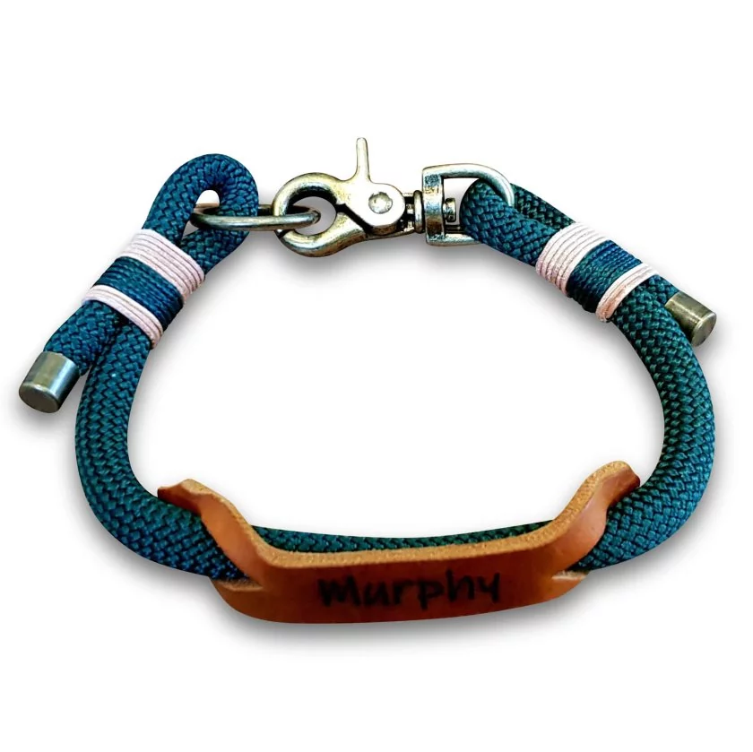 Halsband aus Tau und Leder, mit Name "Murphy", dark grün und cognac braun