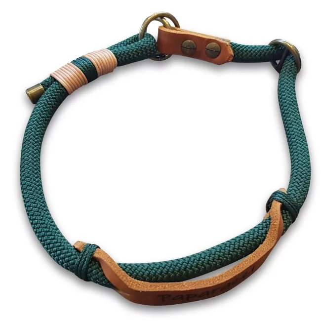 Halsband aus Tau und Leder, mit Name "Paparazzi", Zugstop, dark grün und cognac braun