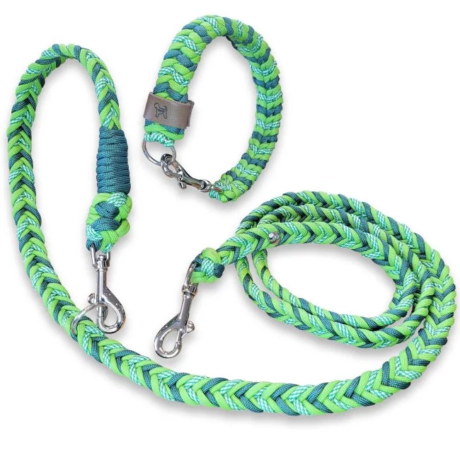 Halsband und Leine aus geflochtenem Paracord in den Farben leaf grün / alphine grün / white kelly green spiral. Beschläge Farbe nickel