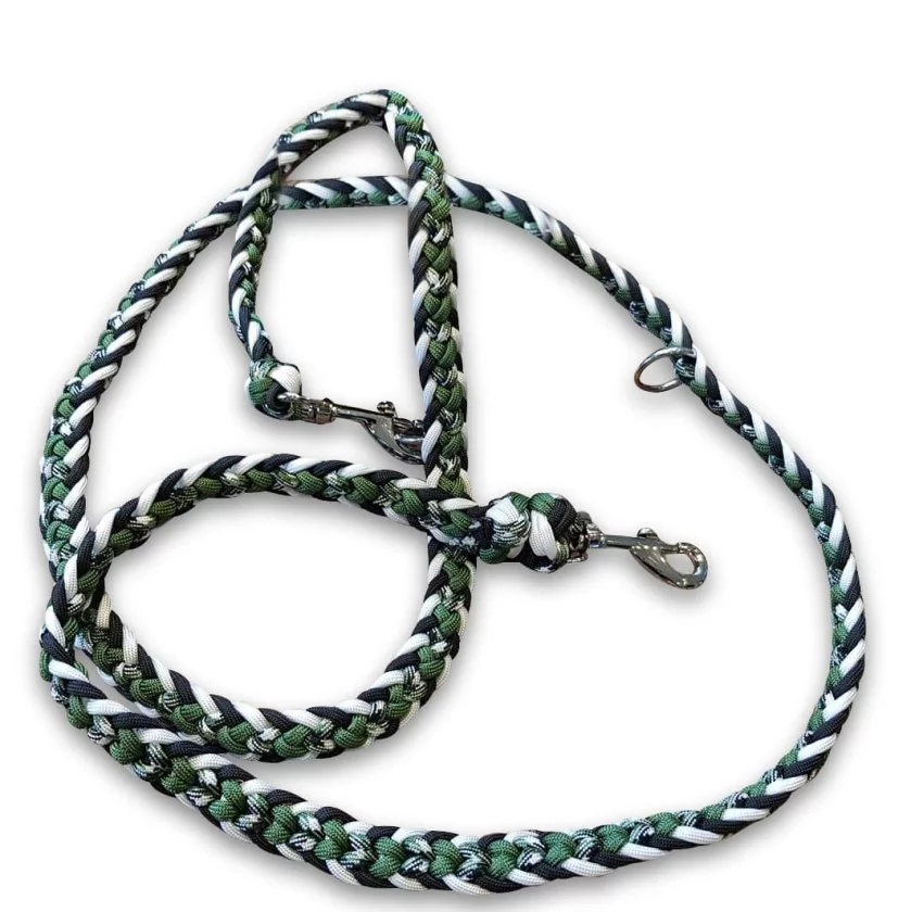 Leine Paracord geflochten, schwarz weiß grün, Beschläge nickel