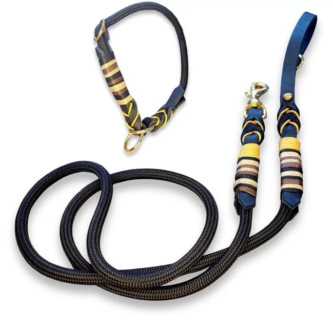 Leinen-Halsband-Set Tau und Leder, Zugstop, schwarz