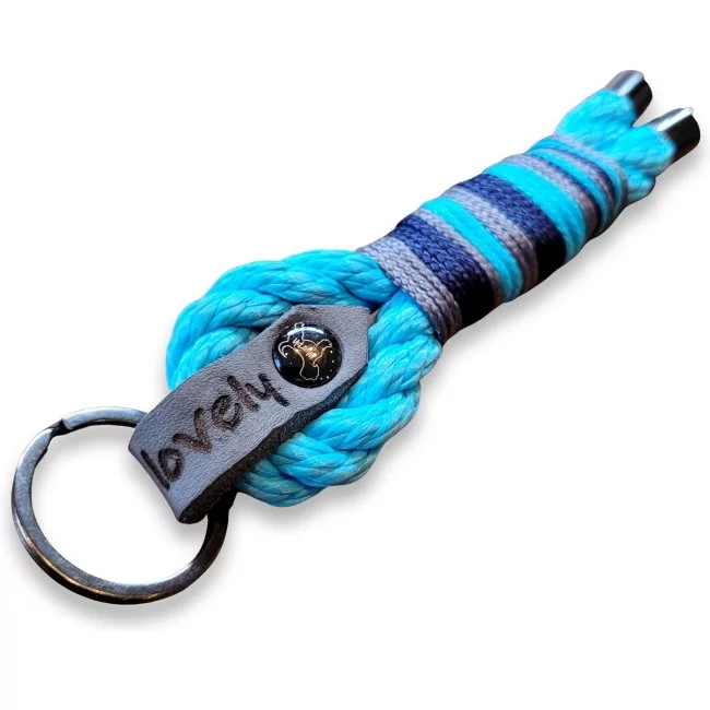 Schlüsselanhänger aus Tau Farbe maya blau gedreht Beschläge Farbe gun metall und Leder grau