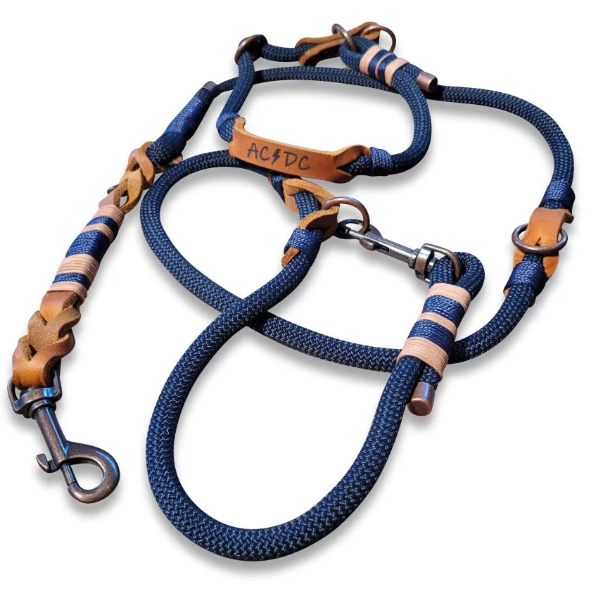 Leinen-Halsband-Set aus Tau und Leder, mit Name "AC/DC", Zugstop, deep sea blue und cognac braun