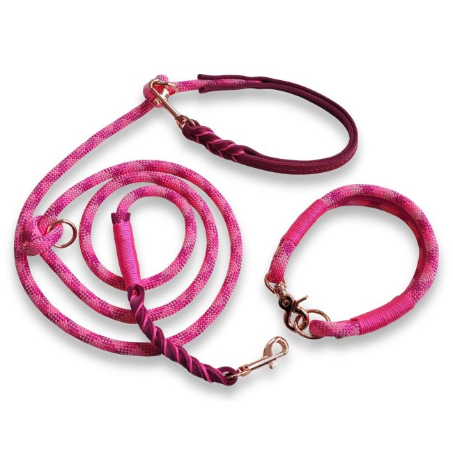 Leinen-Halsband-Set Tau und Leder, wild fuchsia und Leder rosa