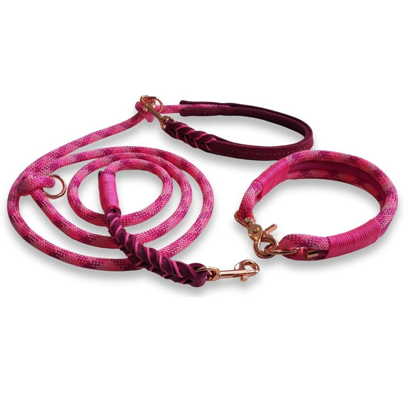 Leinen-Halsband-Set Tau und Leder, wild fuchsia und Leder rosa