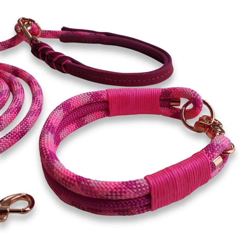 Leinen-Halsband-Set Tau und Leder, wild fuchsia und Leder rosa