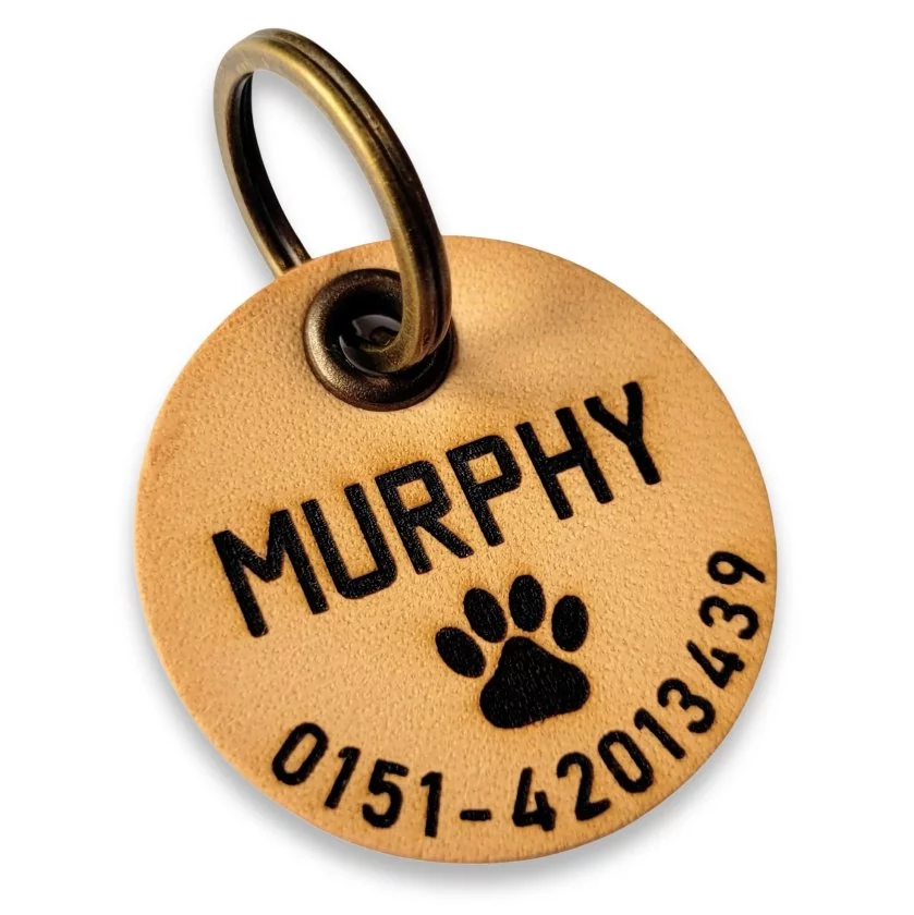 Hundemarke für kleine Hunde 25/30mm mit Gravur aus Leder mit Gravur Name und Telefonnummer. Farbe tortilla