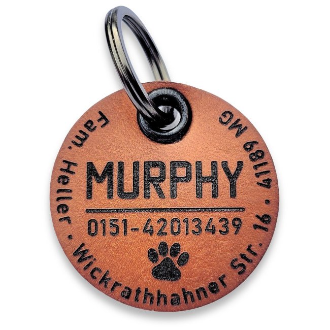 Hundemarke aus Leder mit Gravur Name, Adresse, Telefonnummer. Farbe vintage chocolate