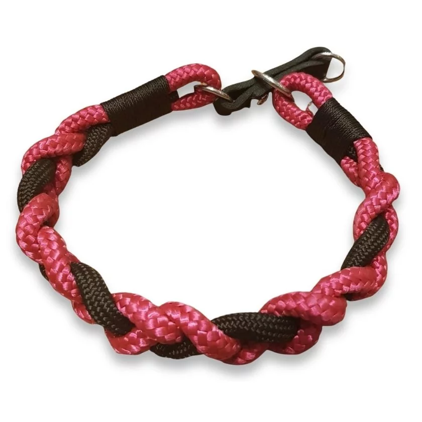 Halsband aus Tau und Leder geflochten, Zugstop, kranichbeere und schwarz Halsband aus Tau und Leder geflochten, Zugstop, kranichbeere und schwarz