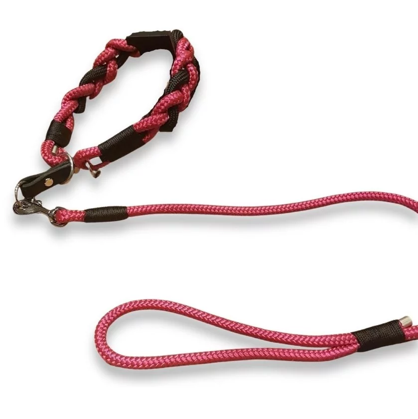 Leinen-Halsband-Set aus Tau und Leder geflochten, Zugstop, kranichbeere und schwarz Leinen-Halsband-Set aus Tau und Leder geflochten, Zugstop, kranichbeere und schwarz