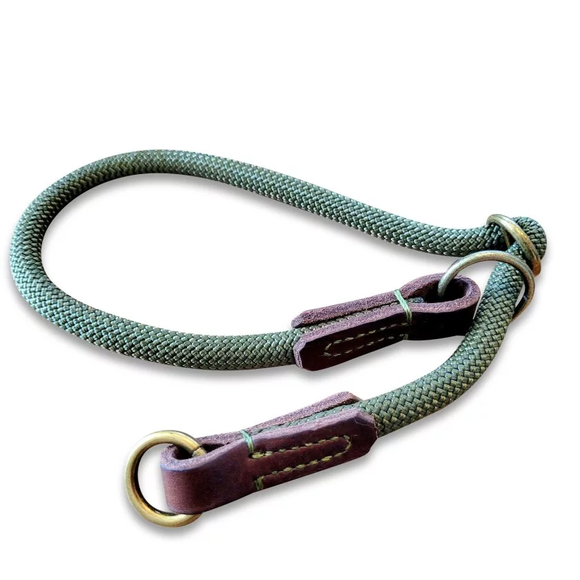 Halsband Tau und Leder, Zugstop, army green und braun Halsband Tau und Leder, Zugstop, army green und braun