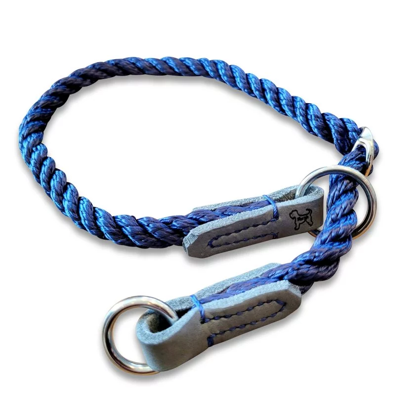 Halsband Tau und Leder, Zugstop, blau und grau