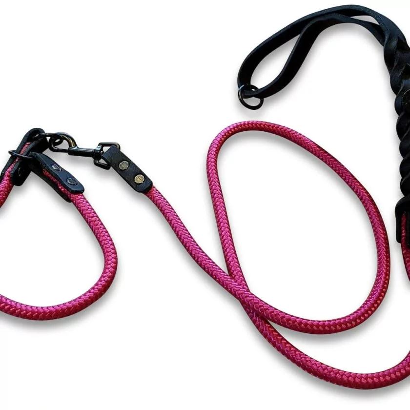 Leinen-Halsband-Set aus Tau und Leder kranichbeere und schwarz Leinen-Halsband-Set aus Tau und Leder kranichbeere und schwarz