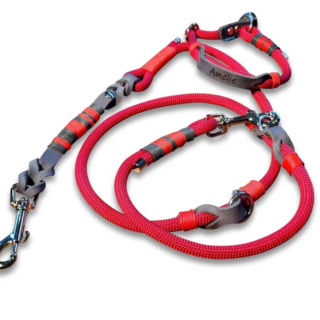 Leinen-Halsband-Set aus Tau und Leder, mit Name "Amelie", Zugstop, rot velvet und grau