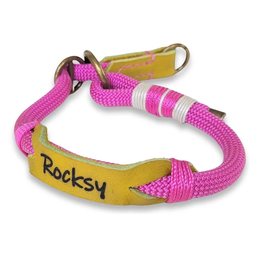 Zugstop Halsband aus Tau und Leder, mit Name Rocksy, passion rosa und lime grün Zugstop Halsband aus Tau und Leder, mit Name Rocksy, passion rosa und lime grün