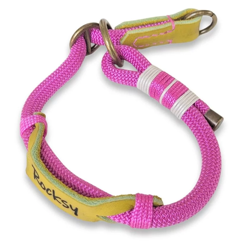 Zugstop Halsband aus Tau und Leder, mit Name Rocksy, passion rosa und lime grün Zugstop Halsband aus Tau und Leder, mit Name Rocksy, passion rosa und lime grün