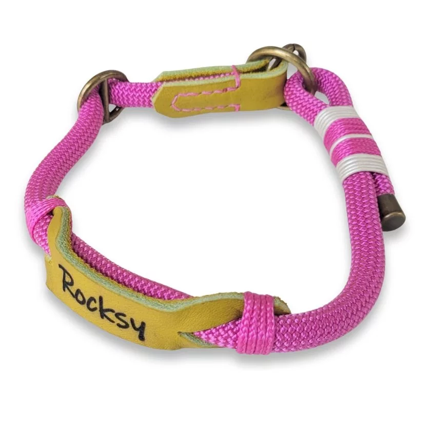 Zugstop Halsband aus Tau und Leder, mit Name Rocksy, passion rosa und lime grün Zugstop Halsband aus Tau und Leder, mit Name Rocksy, passion rosa und lime grün