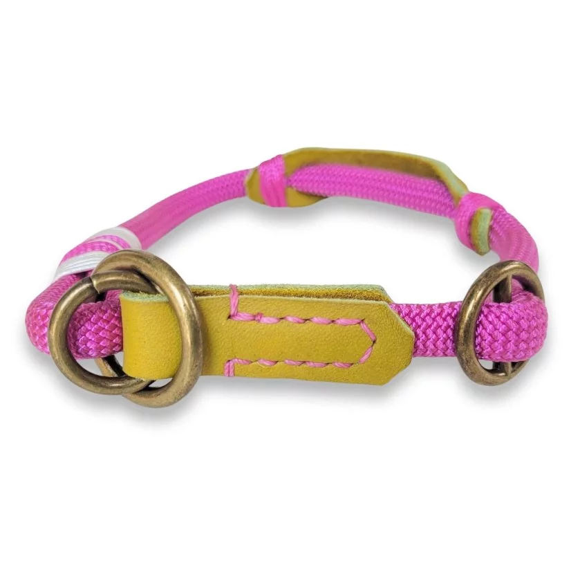 Zugstop Halsband aus Tau und Leder, mit Name Rocksy, passion rosa und lime grün Zugstop Halsband aus Tau und Leder, mit Name Rocksy, passion rosa und lime grün