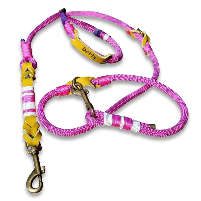 Leinen-Halsband-Set aus Tau und Leder, mit Name "Betty", Zugstop, passion rosa und lime grün
