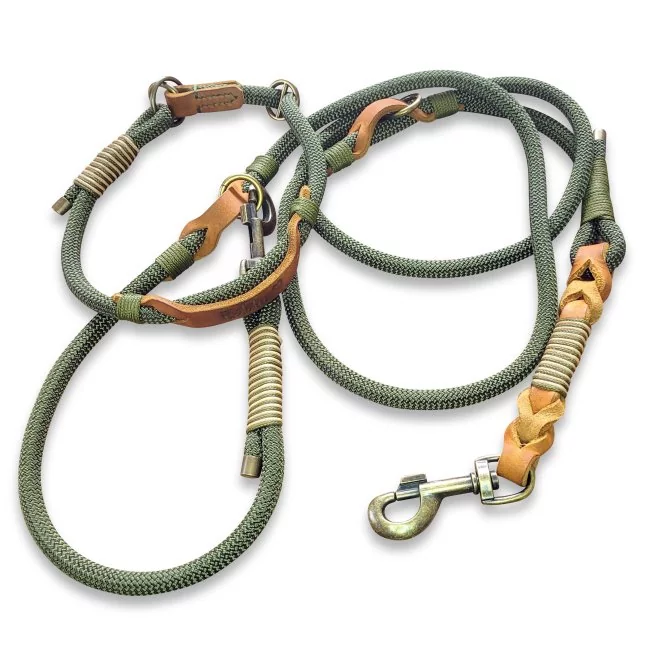 Leinen-Halsband-Set Tau und Leder Zugstop, army green