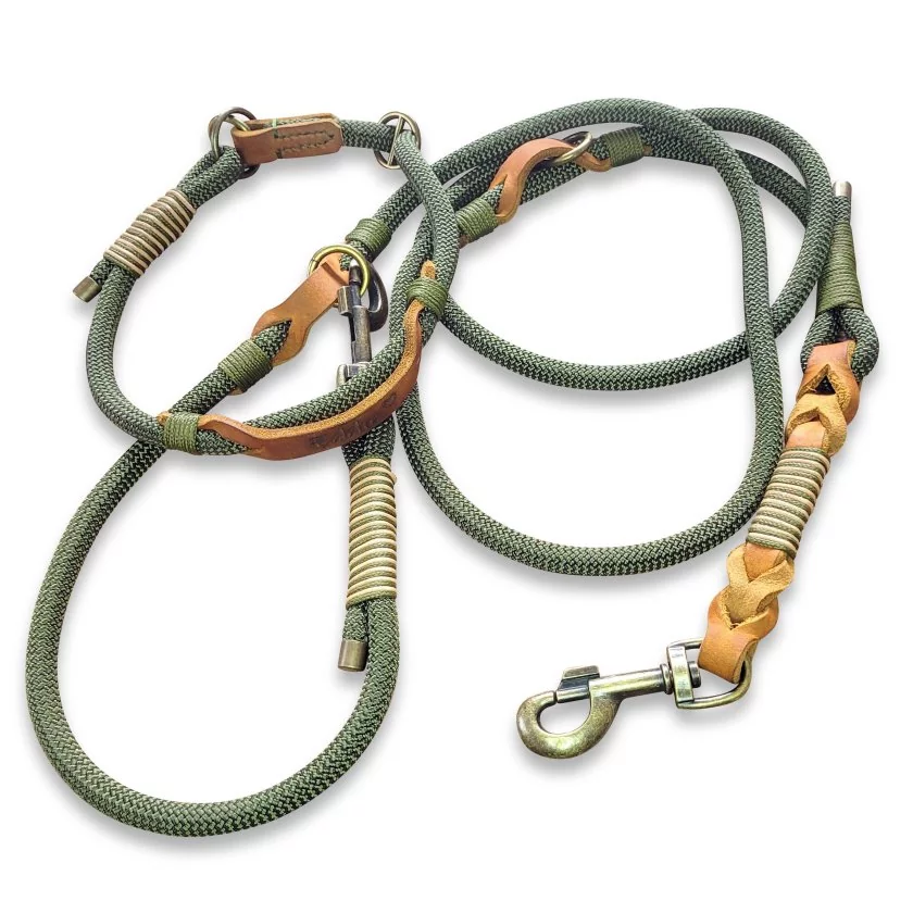 Leinen-Halsband-Set Tau und Leder Zugstop, army green Leinen-Halsband-Set Tau und Leder Zugstop, army green