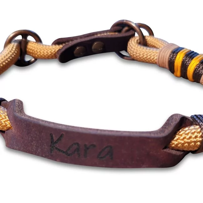 Halsband aus Tau und Leder, mit Name "Kara", Zugstop, golden kupfer und braun