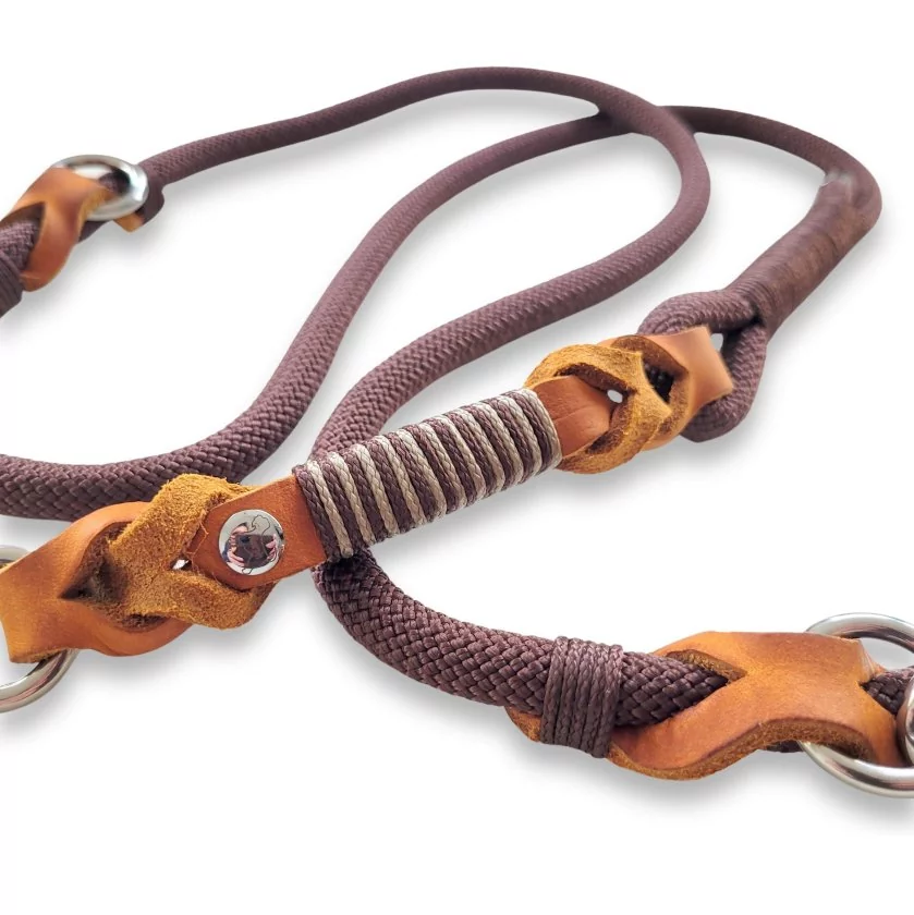Leine aus Tau espresso braun, Leder cognac braun mit Flechtungen und Beschlägen edelstahl Leine aus Tau espresso braun, Leder cognac braun mit Flechtungen und Beschlägen edelstahl