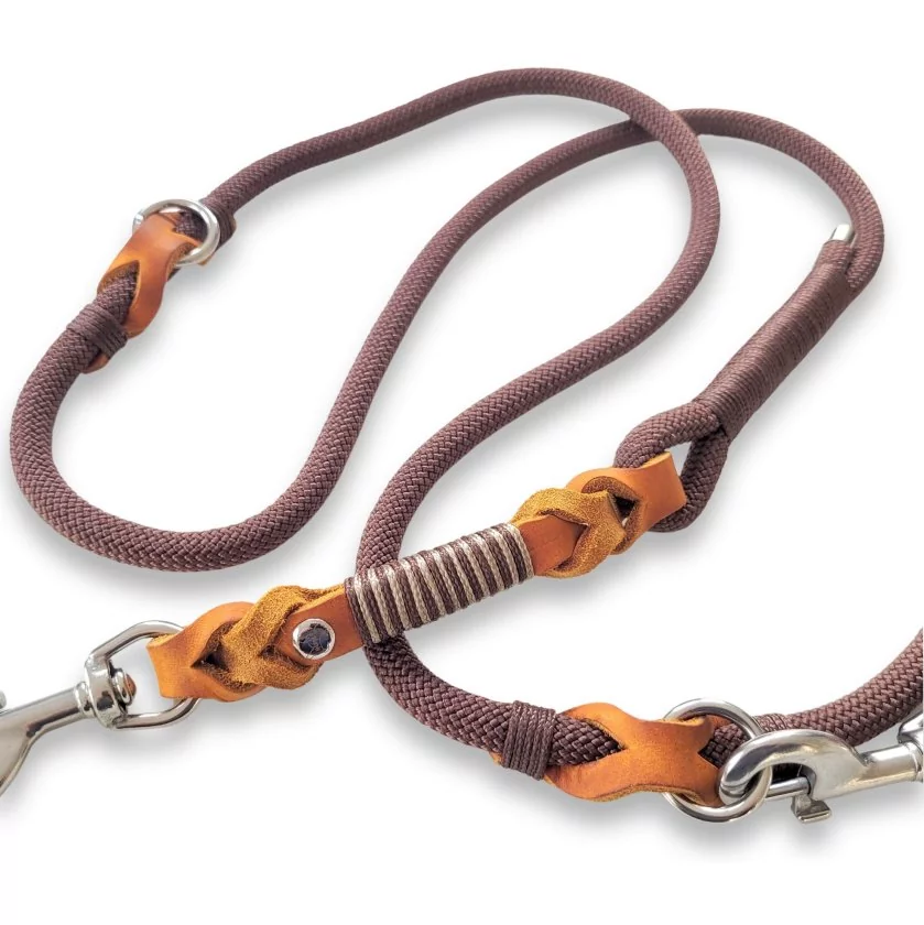 Leine aus Tau espresso braun, Leder cognac braun mit Flechtungen und Beschlägen edelstahl Leine aus Tau espresso braun, Leder cognac braun mit Flechtungen und Beschlägen edelstahl