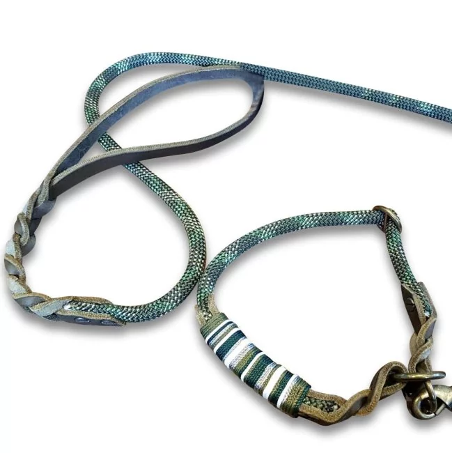 Leinen-Halsband-Set aus Tau und Leder geflochten, seagras