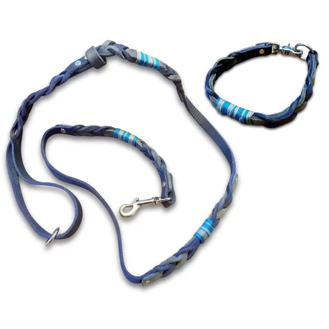 Leinen-Halsband-Set Leder Mix, blau