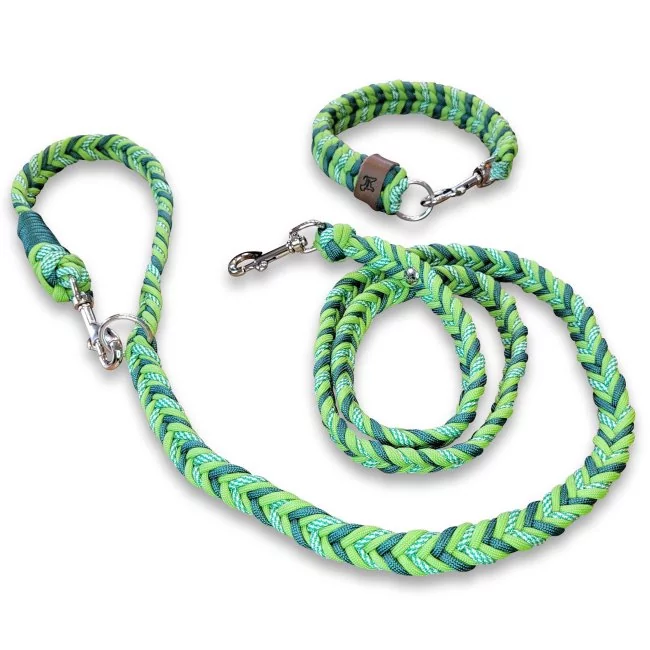 Halsband und Leine aus geflochtenem Paracord in den Farben leaf grün / alphine grün / white kelly green spiral. Beschläge Farbe nickel