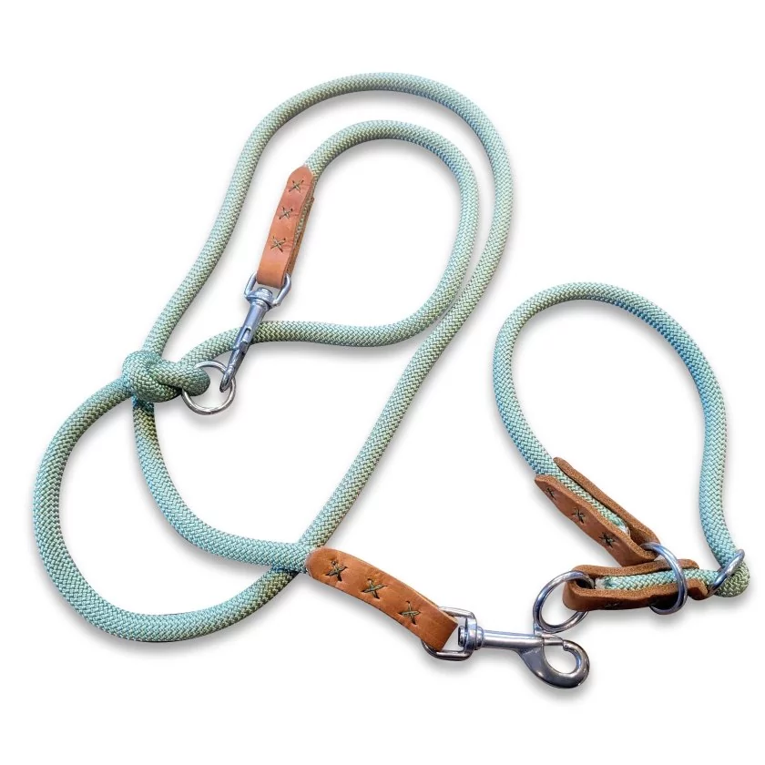 Leinen-Halsband-Set aus Tau und Leder, Zugstop, holy guacamole und cognac braun Leinen-Halsband-Set aus Tau und Leder, Zugstop, holy guacamole und cognac braun