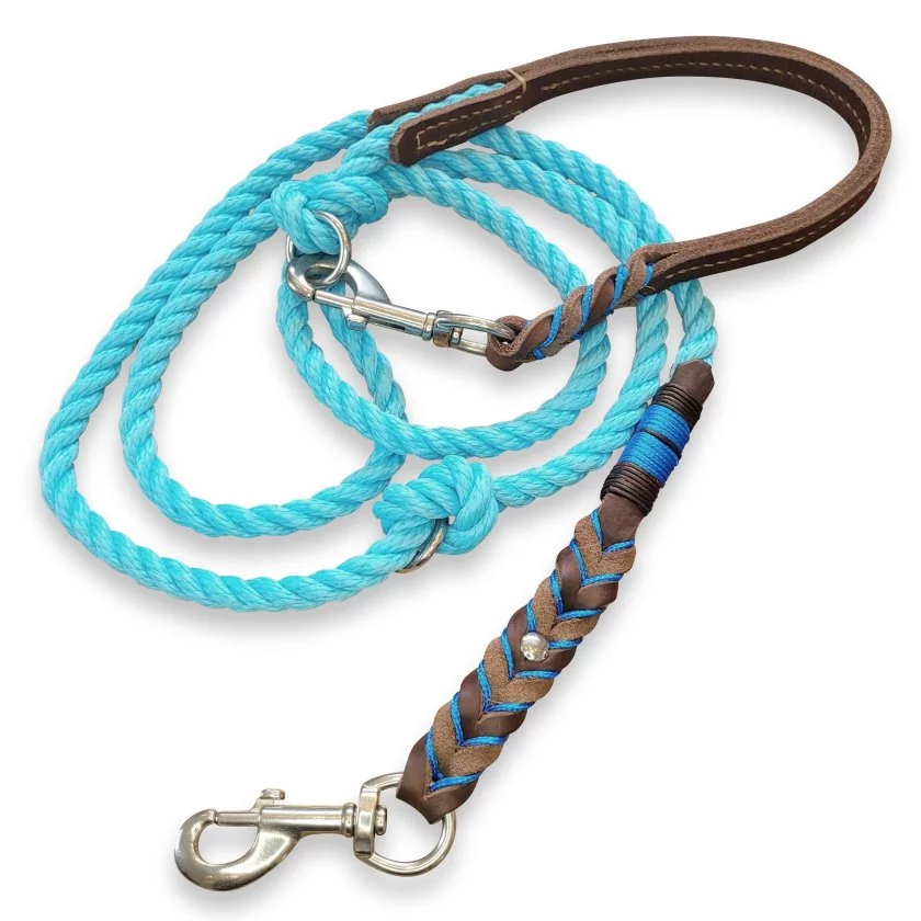 Leine Tau und Leder geflochten, maya blau und braun Leine Tau und Leder geflochten, maya blau und braun