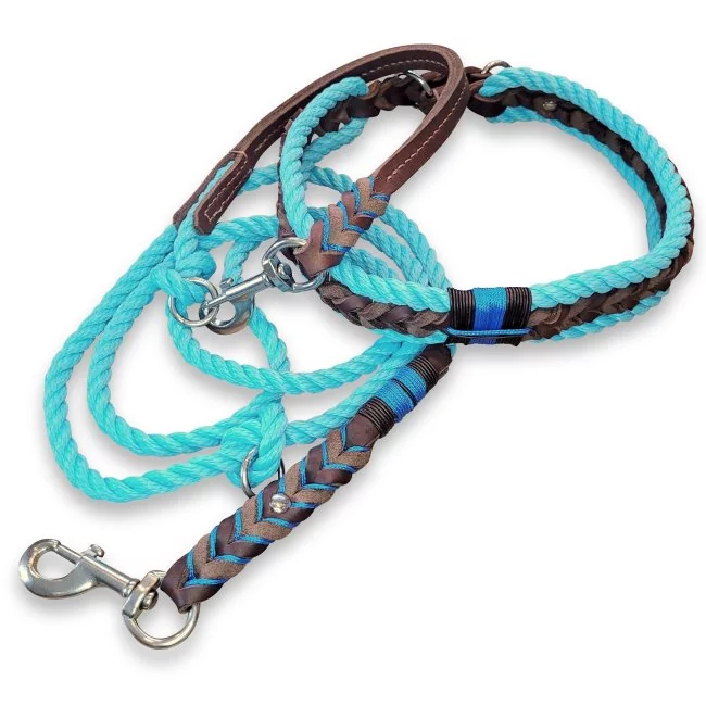 Leinen-Halsband-Set Tau und Leder, maya blau