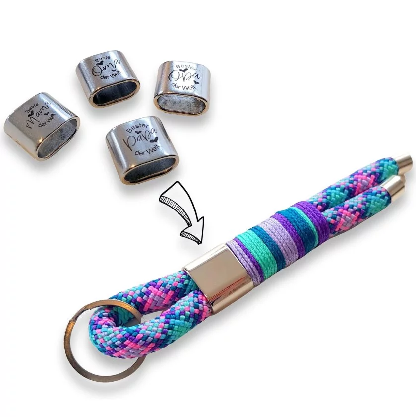 Schlüsselanhänger aus Tau Farbe frozen fairy Beschläge Farbe silbern mit verschiedenen Schlaufen mit Gravur Schlüsselanhänger aus Tau Farbe frozen fairy Beschläge Farbe silbern mit verschiedenen Schlaufen mit Gravur
