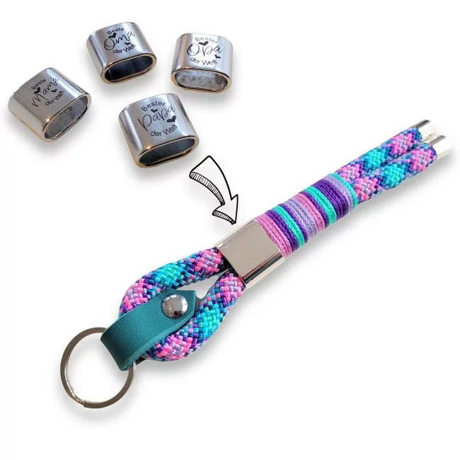 Schlüsselanhänger aus Tau Farbe frozen fairy Beschläge Farbe nickel und Leder Schlaufen mit Gravur