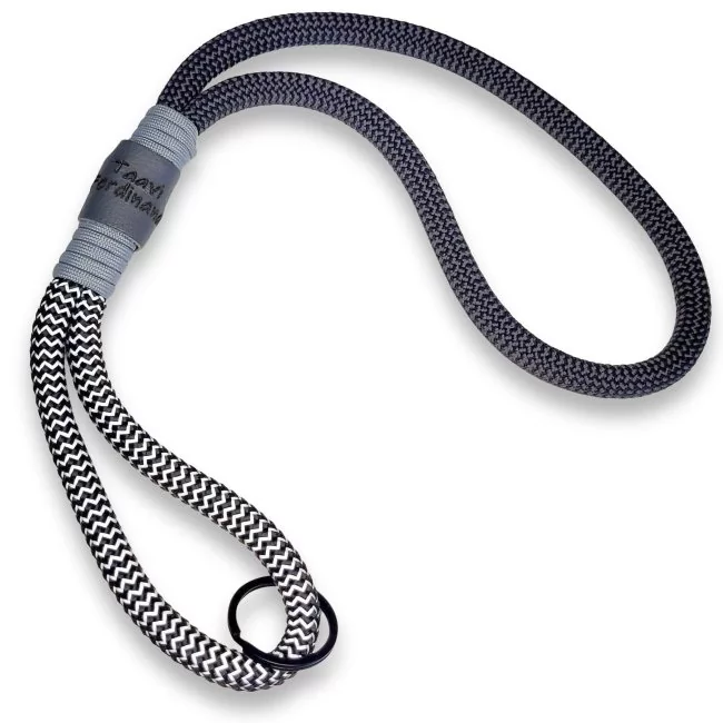 Schlüsselband zum Umhängen aus Tau Farbe super reflectable black shockwave und anthrazit Leder grau Beschläge in schwarz