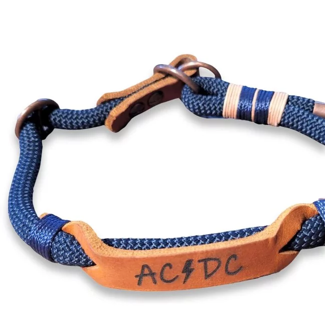 Halsband aus Tau und Leder, mit Name "AC/DC", Zugstop, deep sea blue und cognac braun
