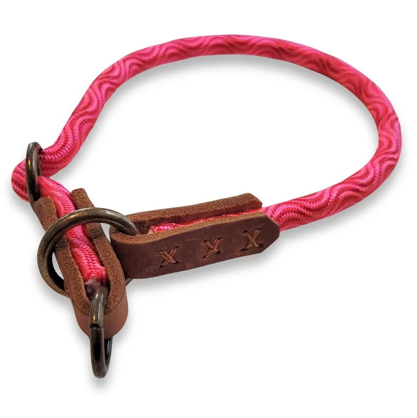 Hundehalsband Halsband aus Tau und Leder, Zugstop, rosa rot smooth wave und cognac braun Hundehalsband Halsband aus Tau und Leder, Zugstop, rosa rot smooth wave und cognac braun