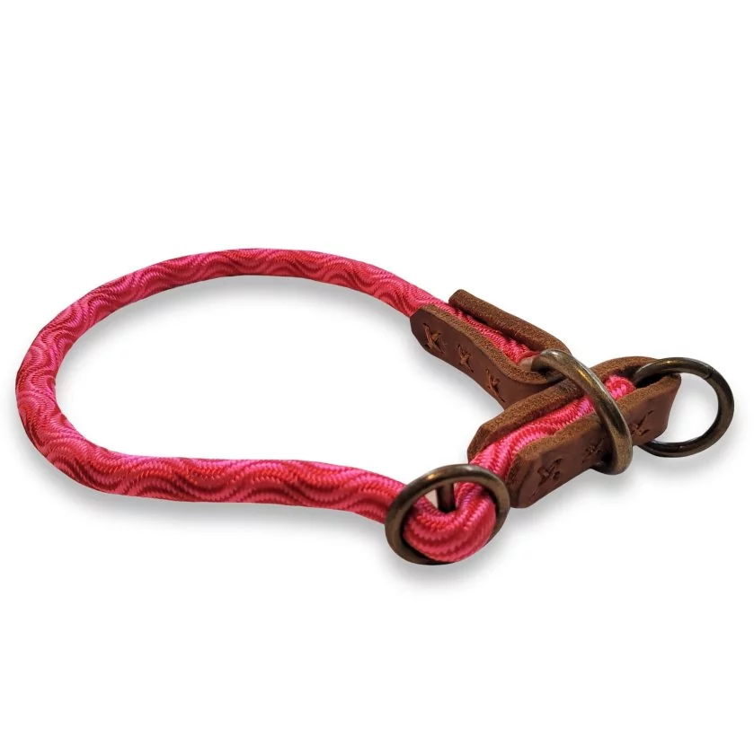Hundehalsband Halsband aus Tau und Leder, Zugstop, rosa rot smooth wave und cognac braun Hundehalsband Halsband aus Tau und Leder, Zugstop, rosa rot smooth wave und cognac braun