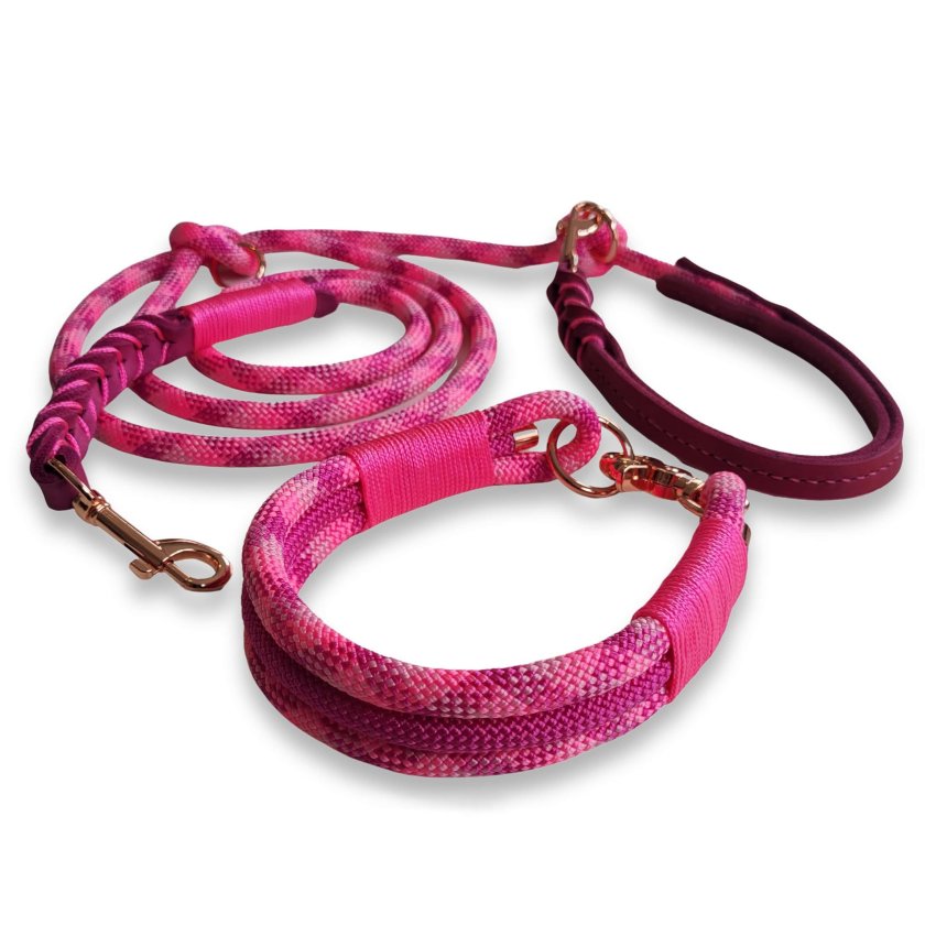 Leinen-Halsband-Set Tau und Leder, wild fuchsia und Leder rosa