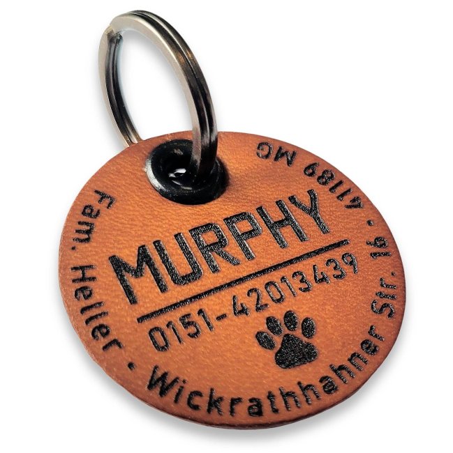 Hundemarke aus Leder mit Gravur Name, Adresse, Telefonnummer. Farbe vintage chocolate