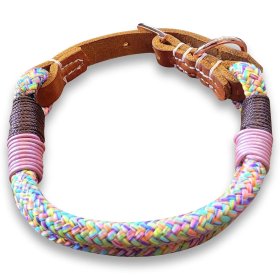 Halsband aus Tau und Leder, mit Schnalle, flower power und cognac braun