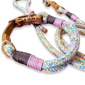 Mobile Preview: Leinen-Halsband-Set Tau und Leder geflochten, mit Schnalle, flower power und cognac braun