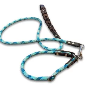 Mobile Preview: Leinen-Halsband-Set Tau und Leder Zugstop smaragd und braun