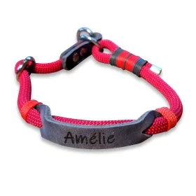 Mobile Preview: Halsband aus Tau und Leder, mit Name "Amelie", Zugstop, rot velvet und grau